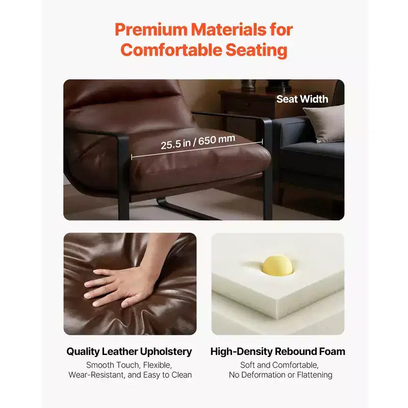 Fauteuil d'appoint en similicuir avec coussin en mousse souple, cadre en métal robuste et coussin amovible, marron