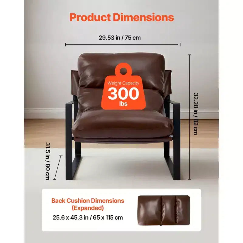 Fauteuil d'appoint en similicuir avec coussin en mousse souple, cadre en métal robuste et coussin amovible, marron
