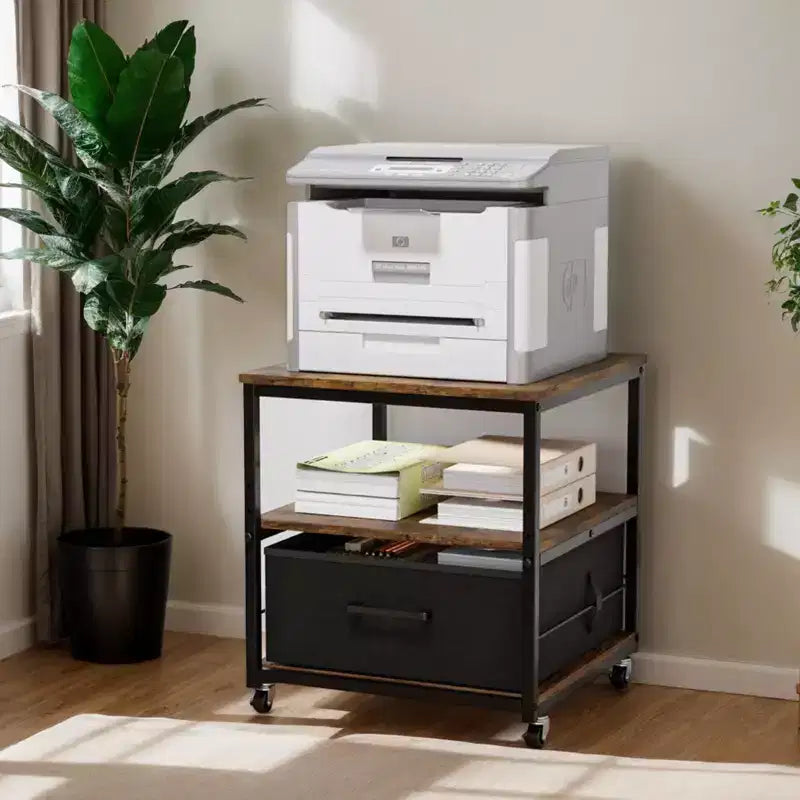 Karl Home 3-Tier Printer Stand with Non-Woven Drawers P2 Particleboard Weathered Wood Emboss 19.7x19.7x22 Inches