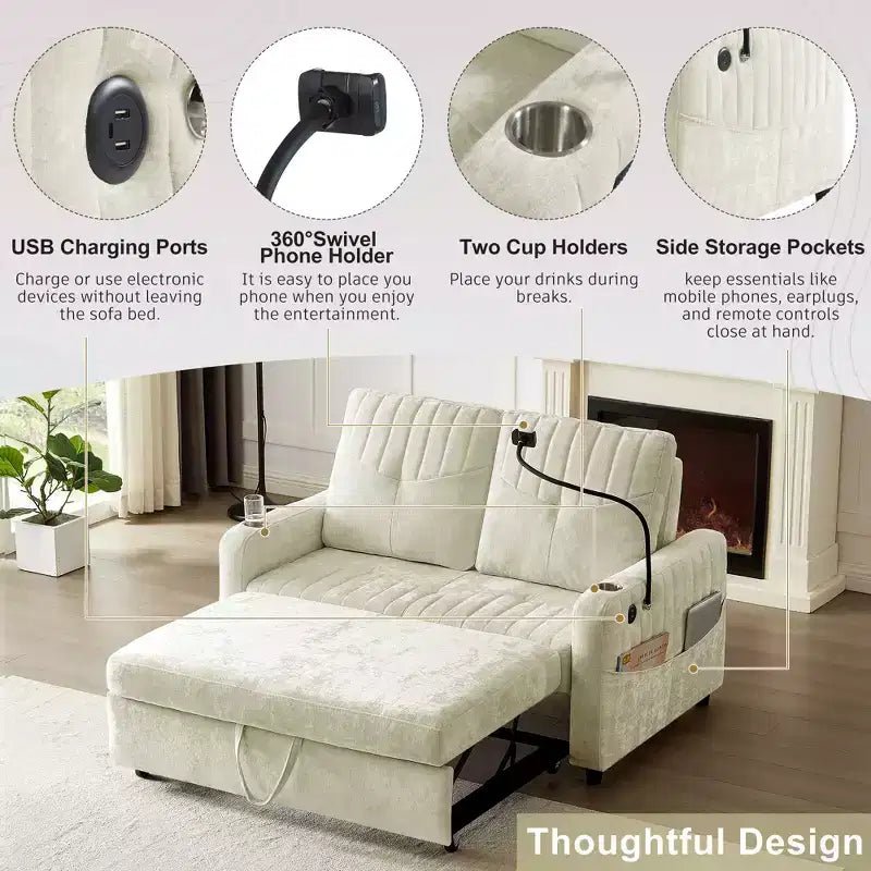 Canapé 2 places convertible moderne 137 cm avec dossier réglable et ports de chargement