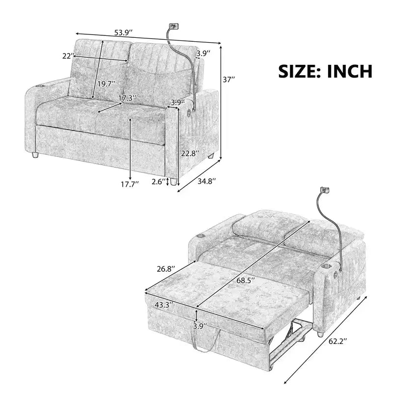 Canapé 2 places convertible moderne 137 cm avec dossier réglable et ports de chargement