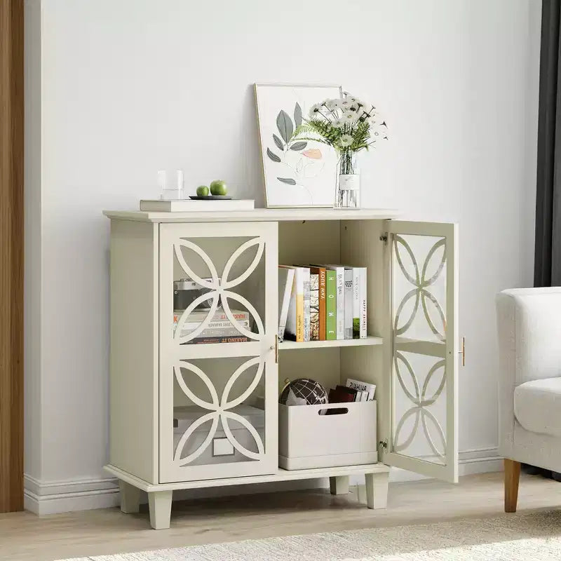 Buffet autoportant avec portes vitrées et étagère réglable, crème
