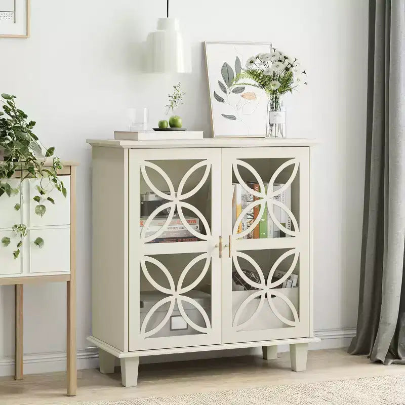 Buffet autoportant avec portes vitrées et étagère réglable, crème