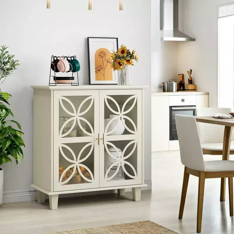 Buffet autoportant avec portes vitrées et étagère réglable, crème