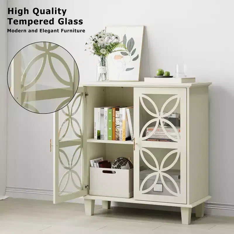 Buffet autoportant avec portes vitrées et étagère réglable, crème