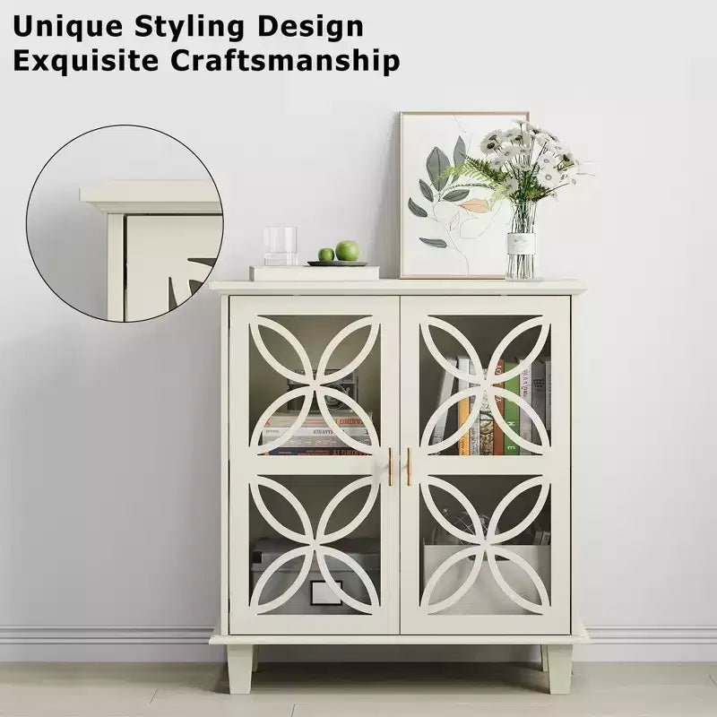 Buffet autoportant avec portes vitrées et étagère réglable, crème