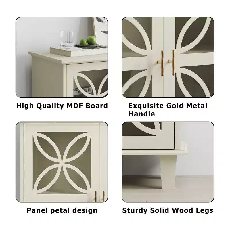 Buffet autoportant avec portes vitrées et étagère réglable, crème