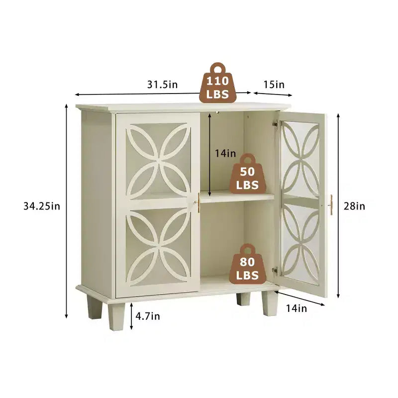 Buffet autoportant avec portes vitrées et étagère réglable, crème