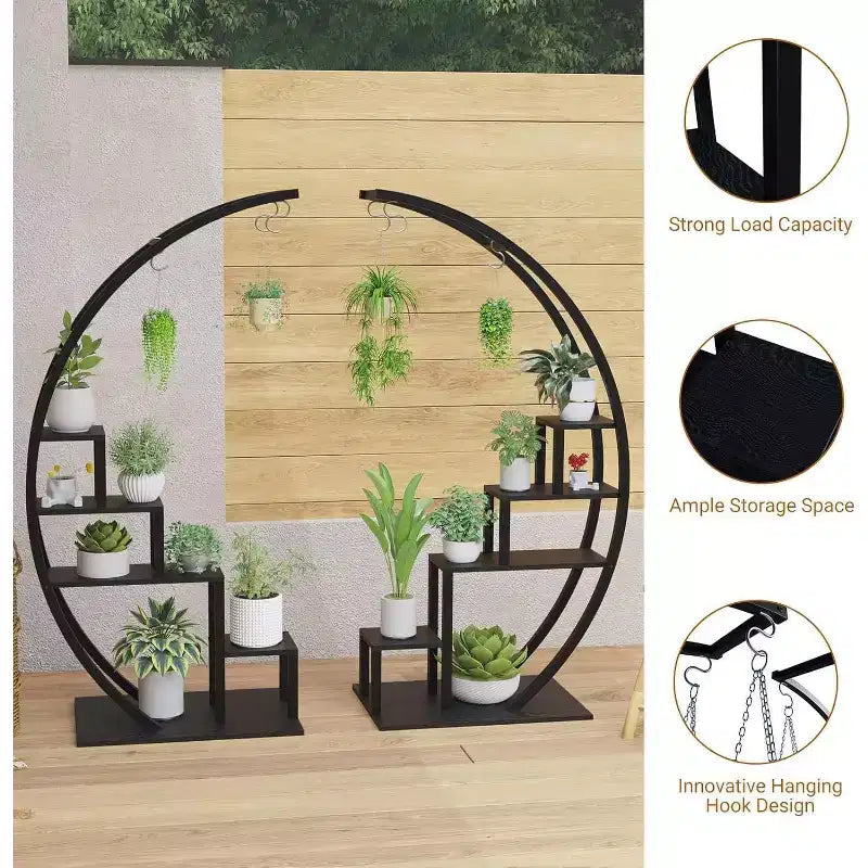 Support à plantes rond en métal à 5 niveaux avec crochets de suspension