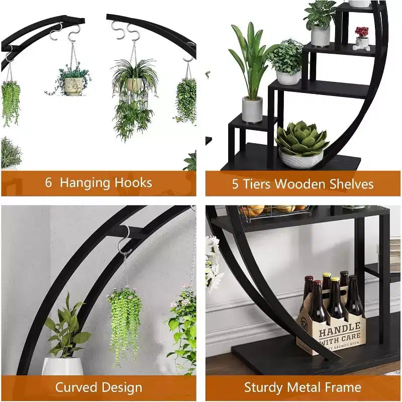 Support à plantes rond en métal à 5 niveaux avec crochets de suspension