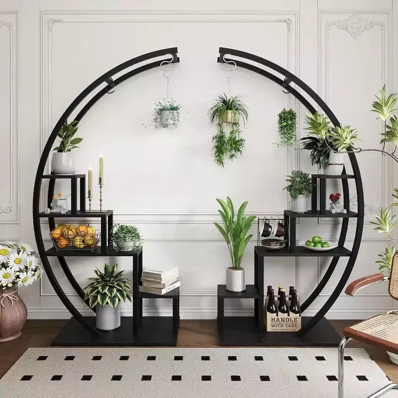 5-Tier Round Plant Stand, Half Moon Shape Indoor Metal Plant Holder, Flower Shelf Rack With 4 Hanging Hooks for Home Balcony Living Room Garden Decor