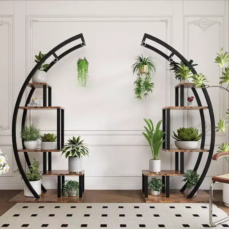 Support à plantes rond en métal à 5 niveaux avec crochets de suspension