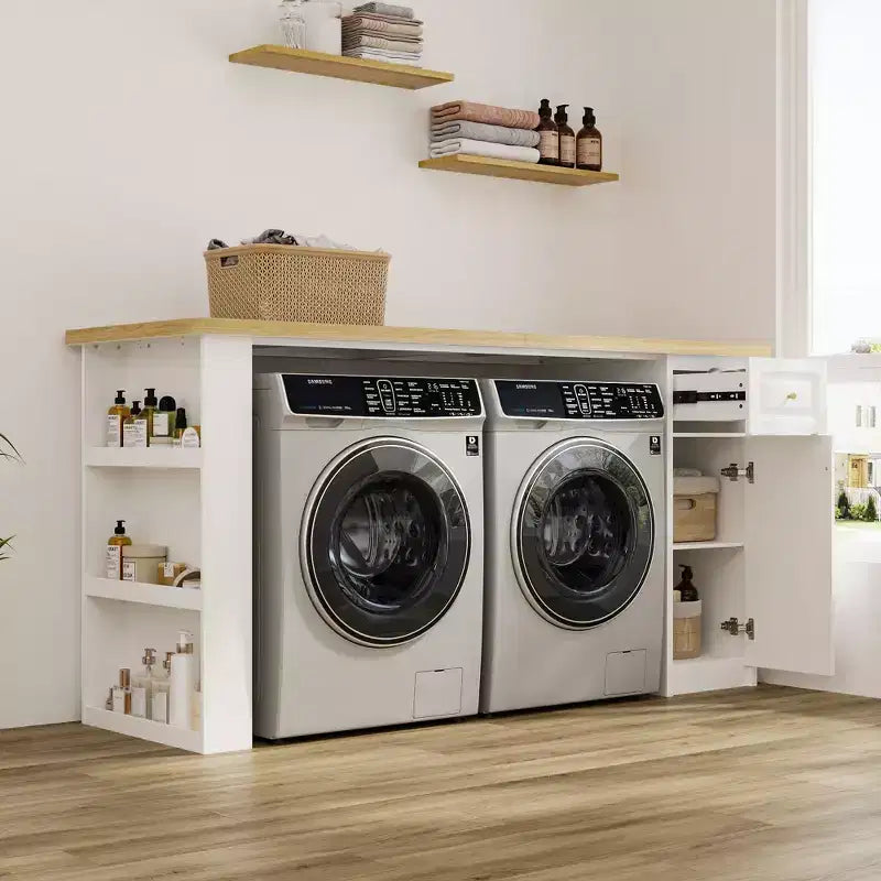 Famapy 82.6''W Laundry Countertop Storage,Washer Dryer Countertop,Adjustable Shelf & Drawer,Laundry Room Organization,Laundry Storage Cabinet Table