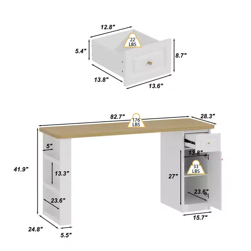 Armoire de rangement de 210 cm de large pour buanderie avec plan de travail, étagères réglables et tiroir