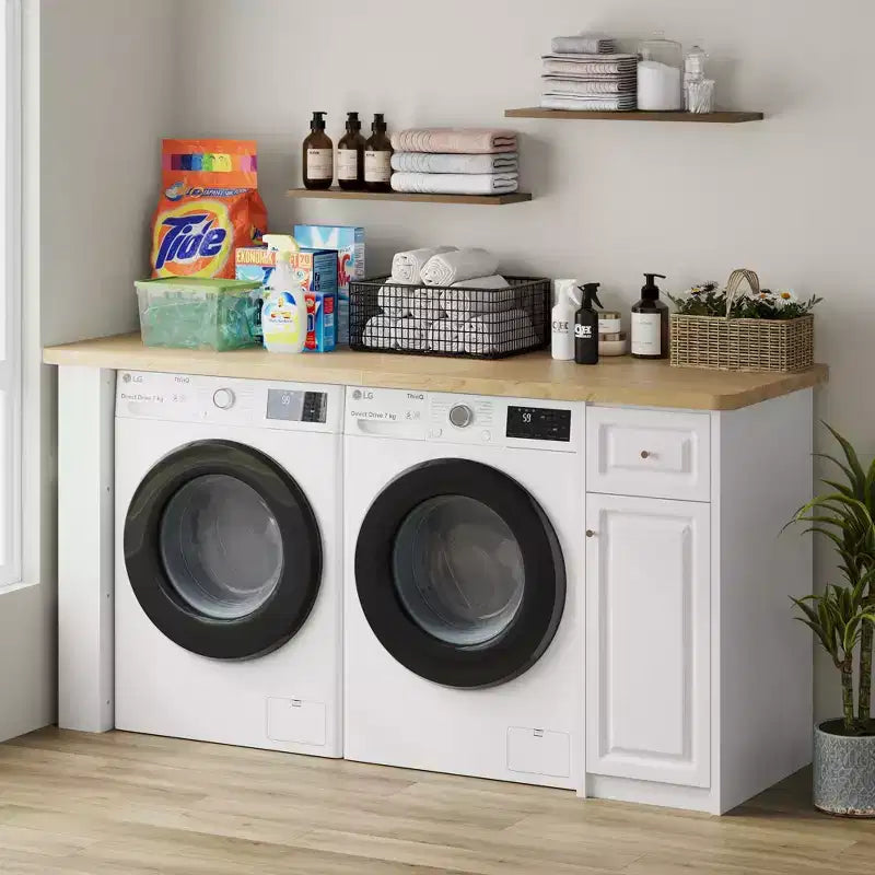 Armoire de rangement de 210 cm de large pour buanderie avec plan de travail, étagères réglables et tiroir