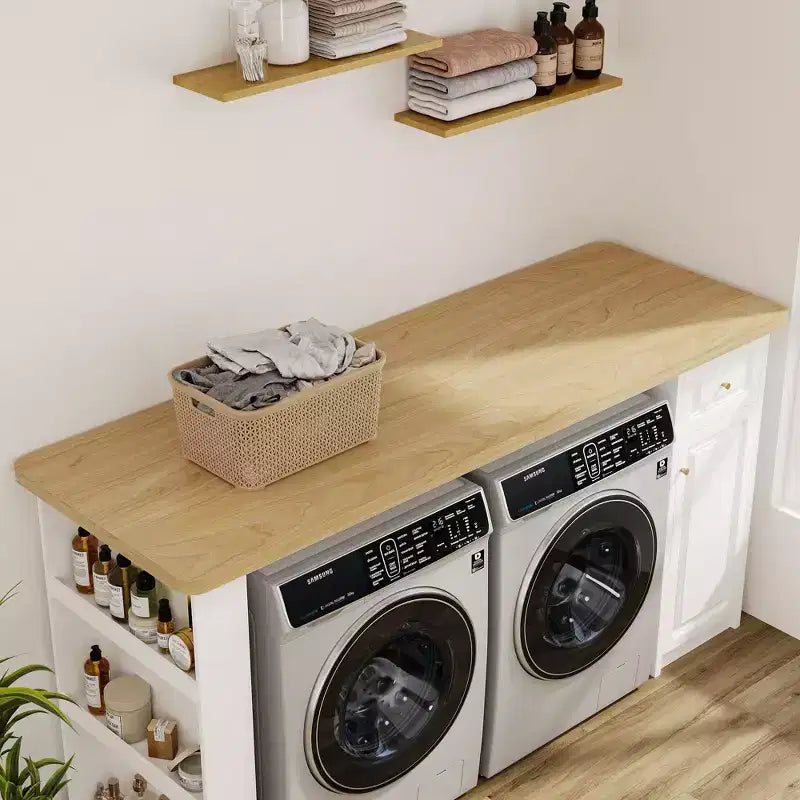 Armoire de rangement de 210 cm de large pour buanderie avec plan de travail, étagères réglables et tiroir