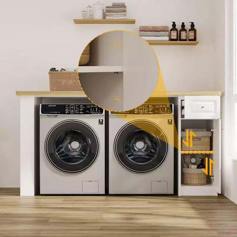 Armoire de rangement de 210 cm de large pour buanderie avec plan de travail, étagères réglables et tiroir
