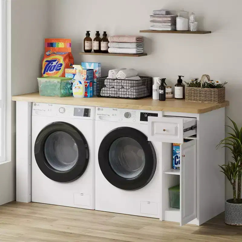 Armoire de rangement de 210 cm de large pour buanderie avec plan de travail, étagères réglables et tiroir