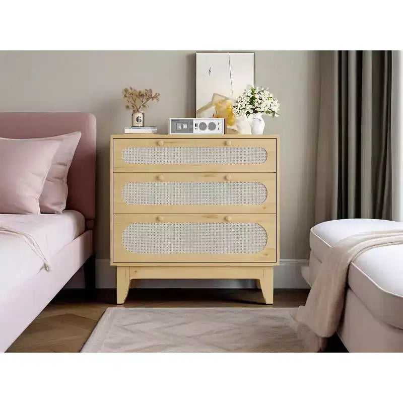 CuisinSmart 3 Drawer Dresser for Bedroom, 31.2 H Rattan Dressers & Chests of Drawers, Wood Storage Cabinet for Bedroom Hallway Living Room