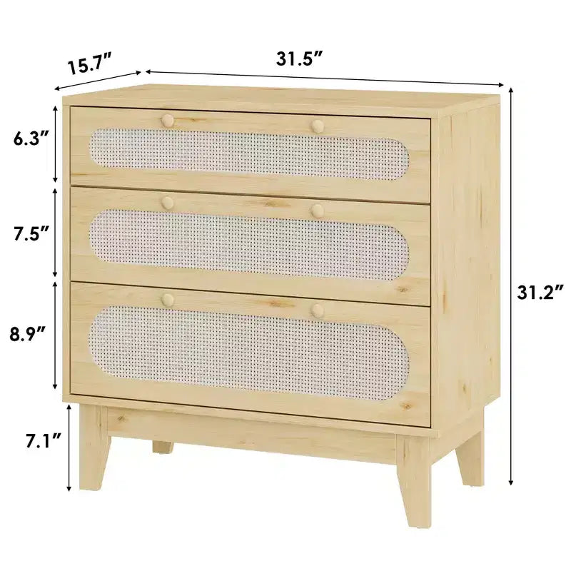 Commode à 3 tiroirs avec décoration en rotin, meuble de rangement en bois de 79,2 cm de hauteur pour chambre, couloir, salon