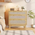 Commode à 3 tiroirs avec décoration en rotin, meuble de rangement en bois de 79,2 cm de hauteur pour chambre, couloir, salon