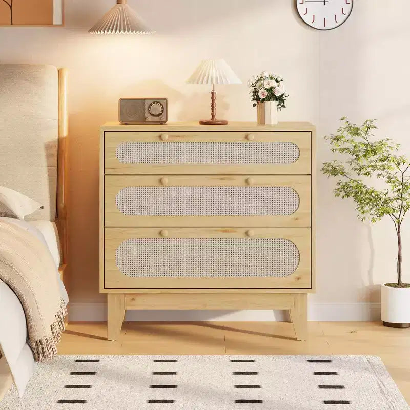 Commode à 3 tiroirs avec décoration en rotin, meuble de rangement en bois de 79,2 cm de hauteur pour chambre, couloir, salon