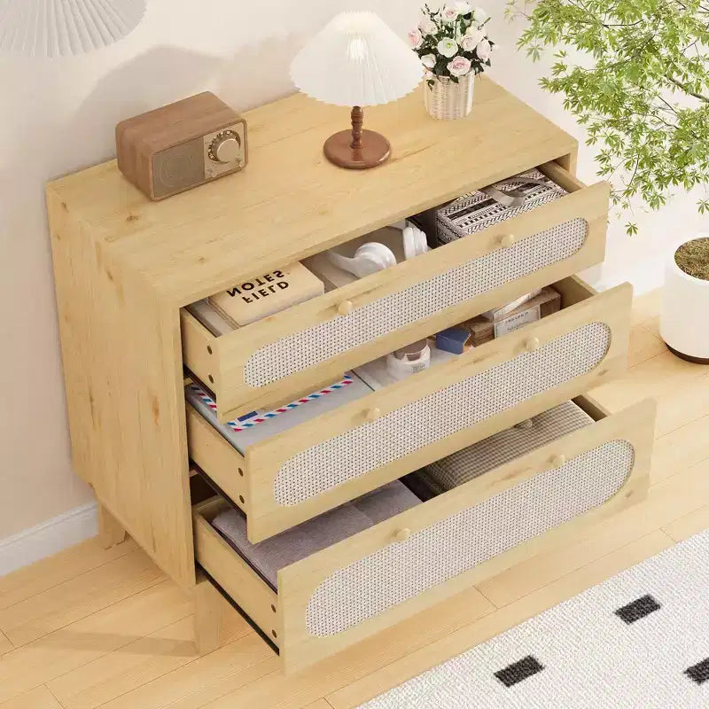 Commode à 3 tiroirs avec décoration en rotin, meuble de rangement en bois de 79,2 cm de hauteur pour chambre, couloir, salon