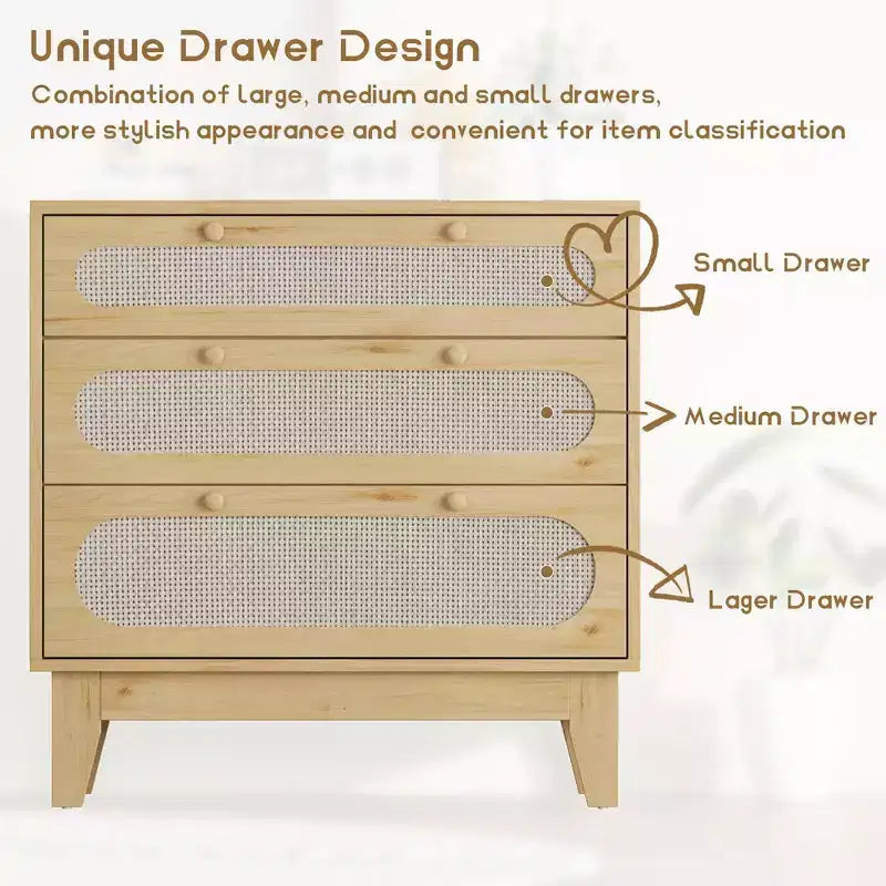 Commode à 3 tiroirs avec décoration en rotin, meuble de rangement en bois de 79,2 cm de hauteur pour chambre, couloir, salon