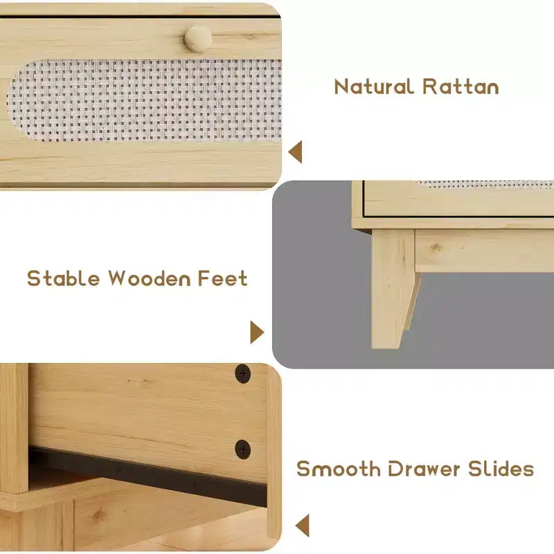 Commode à 3 tiroirs avec décoration en rotin, meuble de rangement en bois de 79,2 cm de hauteur pour chambre, couloir, salon