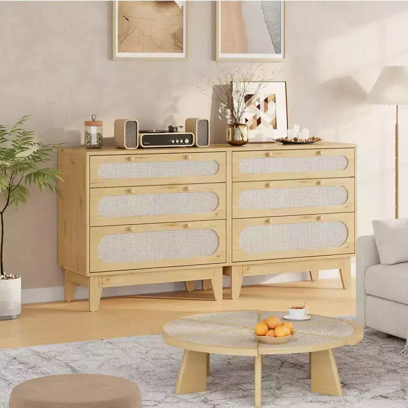 Commode à 3 tiroirs avec décoration en rotin, meuble de rangement en bois de 79,2 cm de hauteur pour chambre, couloir, salon