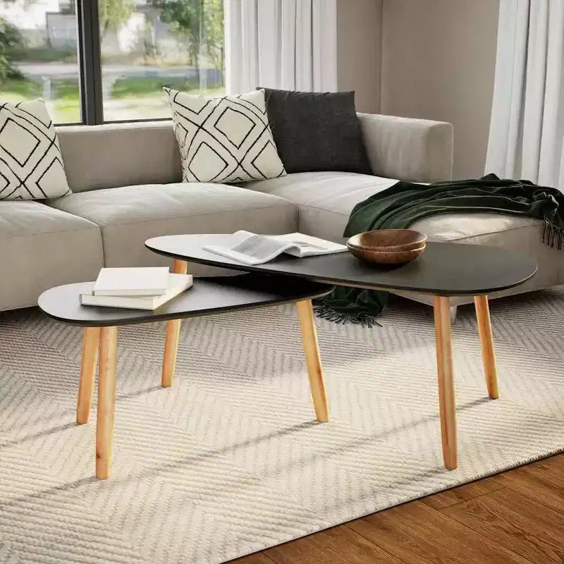 Coffee Table Set of 2 Black Solid pine wood legs, MDF tabletop