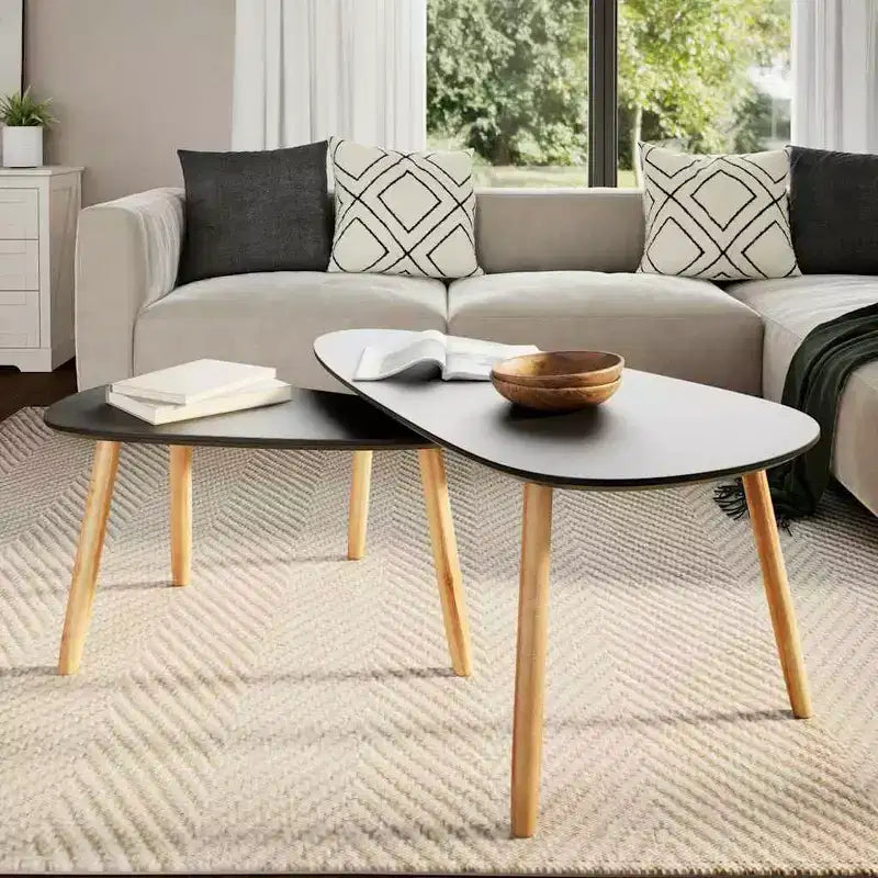 Lot de 2 tables basses – Plateau ovale noir avec pieds en bois