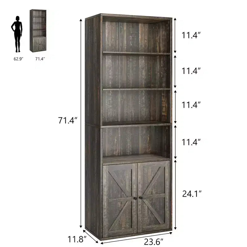 Bibliothèque de 71,4 pouces avec portes et étagères ouvertes, bibliothèque en bois autoportante à 6 niveaux pour salon, chambre, bureau
