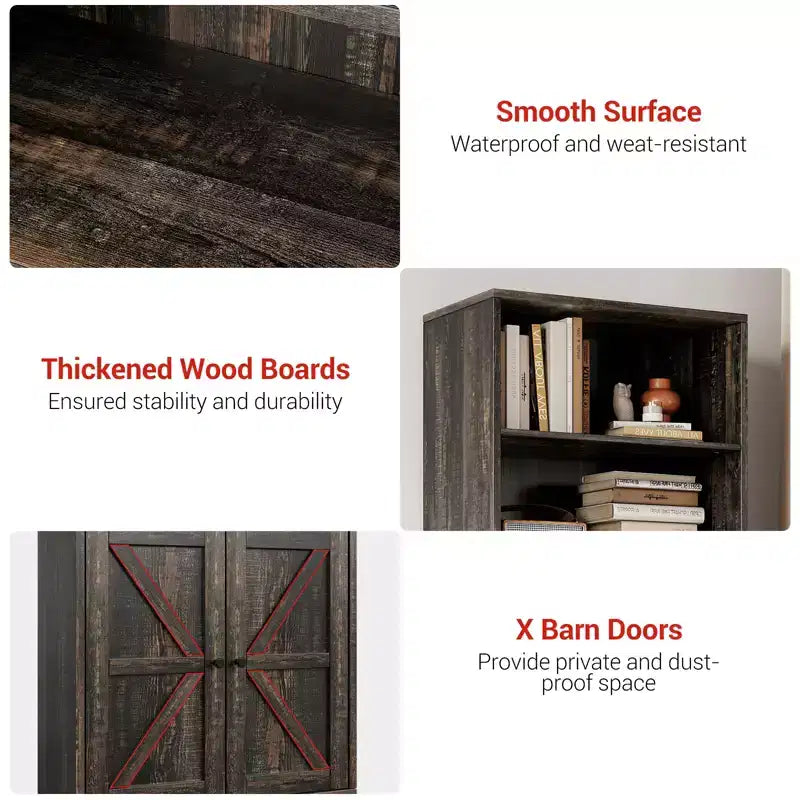 Bibliothèque de 71,4 pouces avec portes et étagères ouvertes, bibliothèque en bois autoportante à 6 niveaux pour salon, chambre, bureau