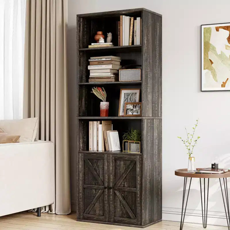 Bibliothèque de 71,4 pouces avec portes et étagères ouvertes, bibliothèque en bois autoportante à 6 niveaux pour salon, chambre, bureau