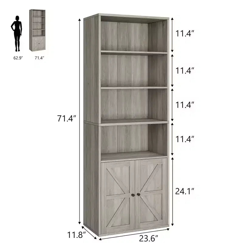 Bibliothèque de 71,4 pouces avec portes et étagères ouvertes, bibliothèque en bois autoportante à 6 niveaux pour salon, chambre, bureau