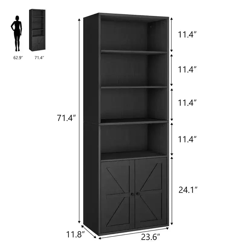 Bibliothèque de 71,4 pouces avec portes et étagères ouvertes, bibliothèque en bois autoportante à 6 niveaux pour salon, chambre, bureau