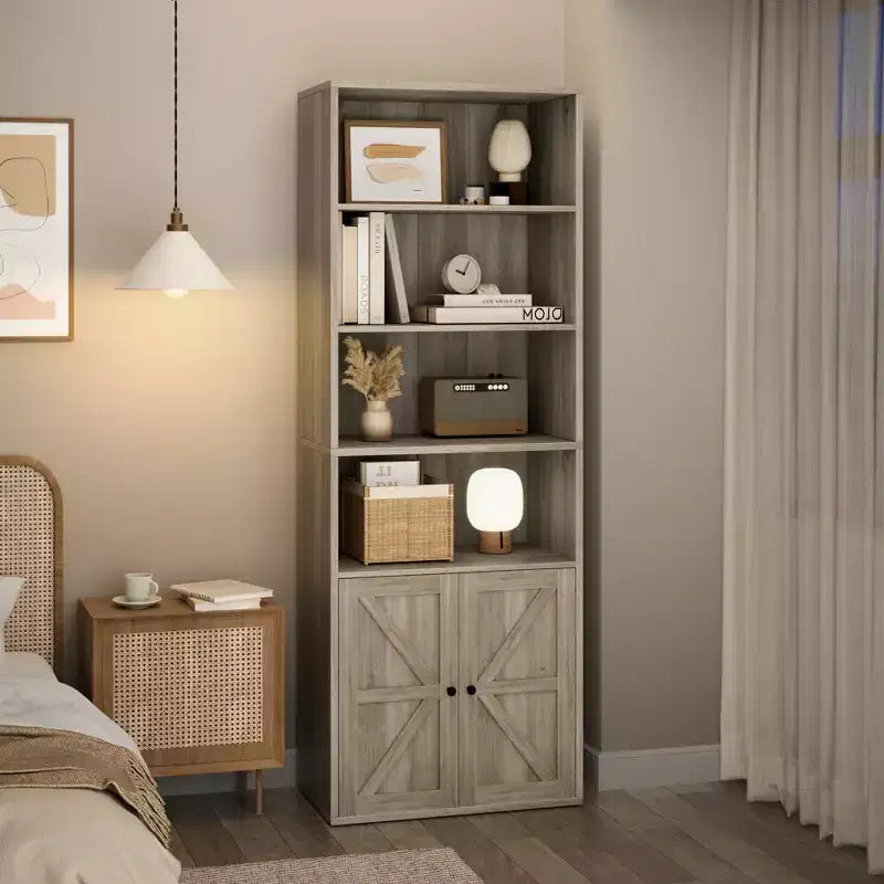 Bibliothèque de 71,4 pouces avec portes et étagères ouvertes, bibliothèque en bois autoportante à 6 niveaux pour salon, chambre, bureau