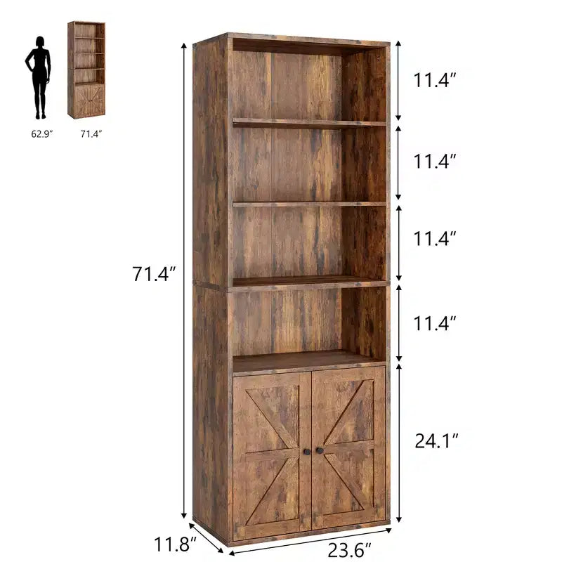 Bibliothèque de 71,4 pouces avec portes et étagères ouvertes, bibliothèque en bois autoportante à 6 niveaux pour salon, chambre, bureau