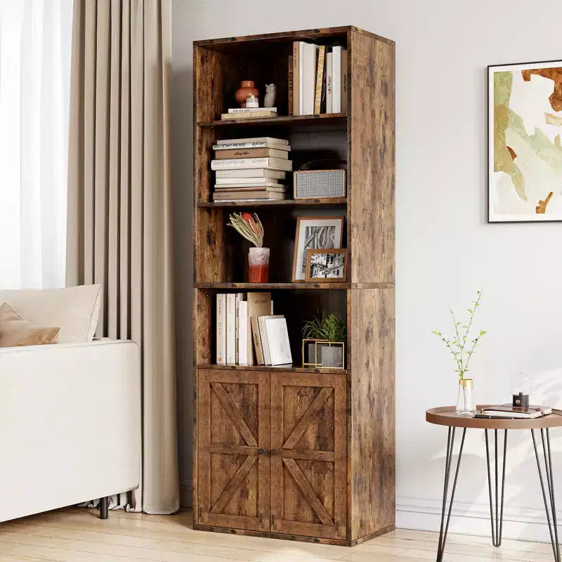 Bibliothèque de 71,4 pouces avec portes et étagères ouvertes, bibliothèque en bois autoportante à 6 niveaux pour salon, chambre, bureau