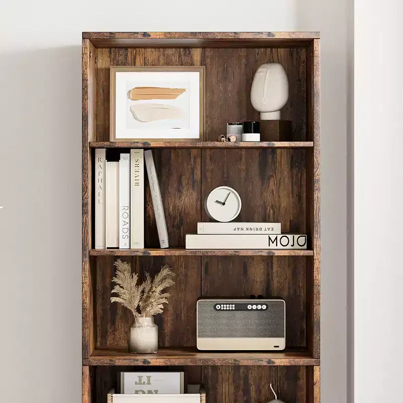 Bibliothèque de 71,4 pouces avec portes et étagères ouvertes, bibliothèque en bois autoportante à 6 niveaux pour salon, chambre, bureau