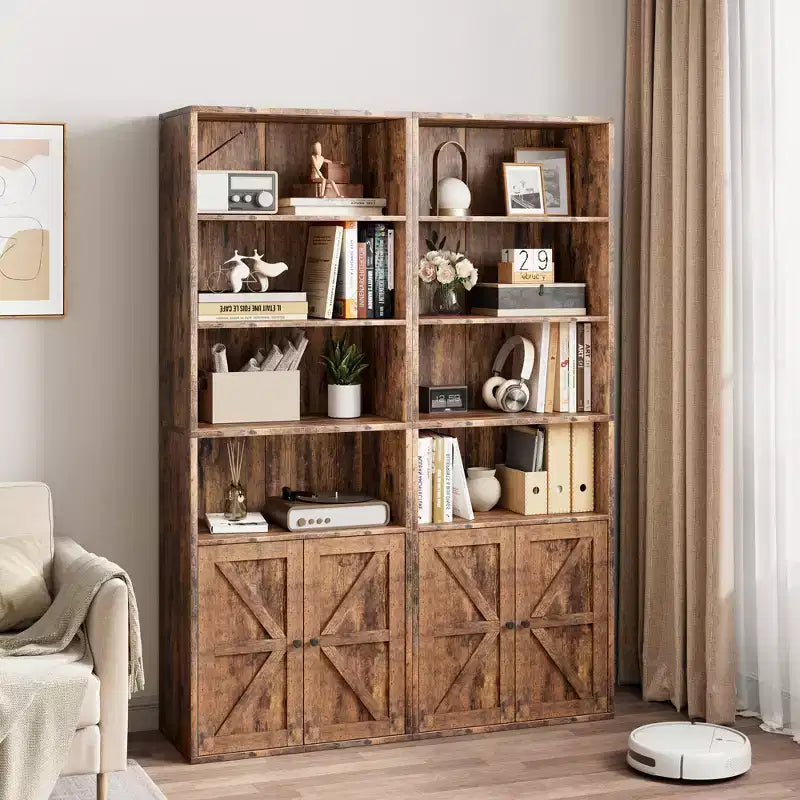 Bibliothèque de 71,4 pouces avec portes et étagères ouvertes, bibliothèque en bois autoportante à 6 niveaux pour salon, chambre, bureau