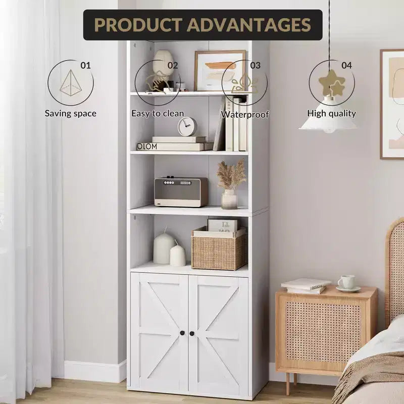 Bibliothèque de 71,4 pouces avec portes et étagères ouvertes, bibliothèque en bois autoportante à 6 niveaux pour salon, chambre, bureau