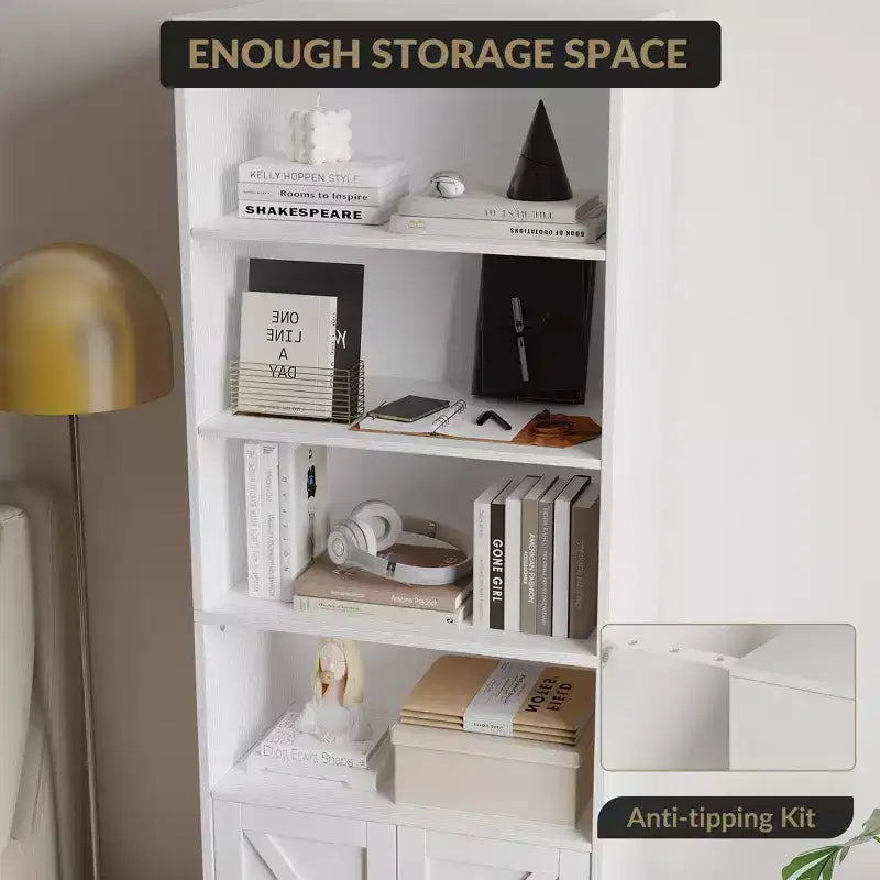 Bibliothèque de 71,4 pouces avec portes et étagères ouvertes, bibliothèque en bois autoportante à 6 niveaux pour salon, chambre, bureau