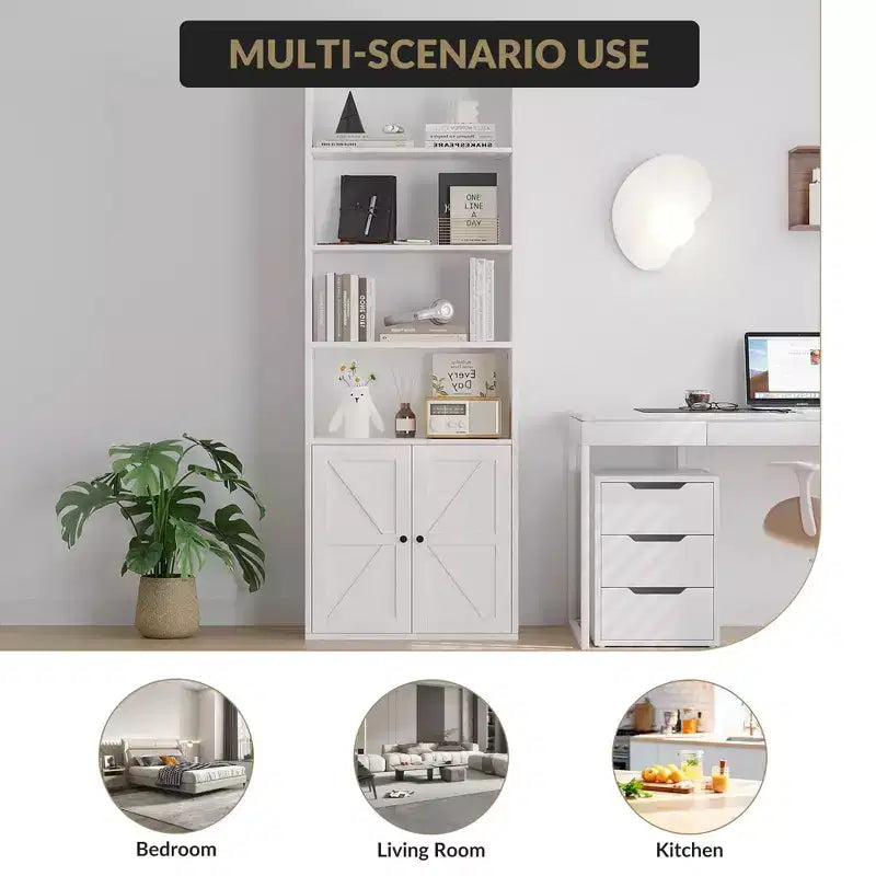 Bibliothèque de 71,4 pouces avec portes et étagères ouvertes, bibliothèque en bois autoportante à 6 niveaux pour salon, chambre, bureau
