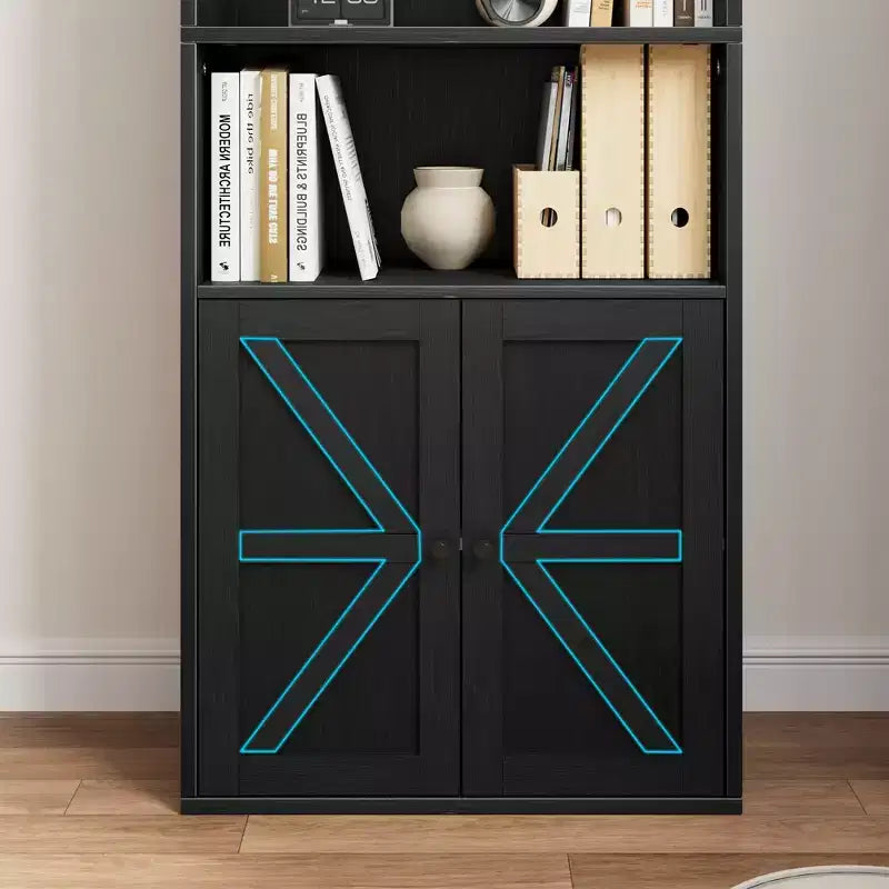 Bibliothèque de 71,4 pouces avec portes et étagères ouvertes, bibliothèque en bois autoportante à 6 niveaux pour salon, chambre, bureau