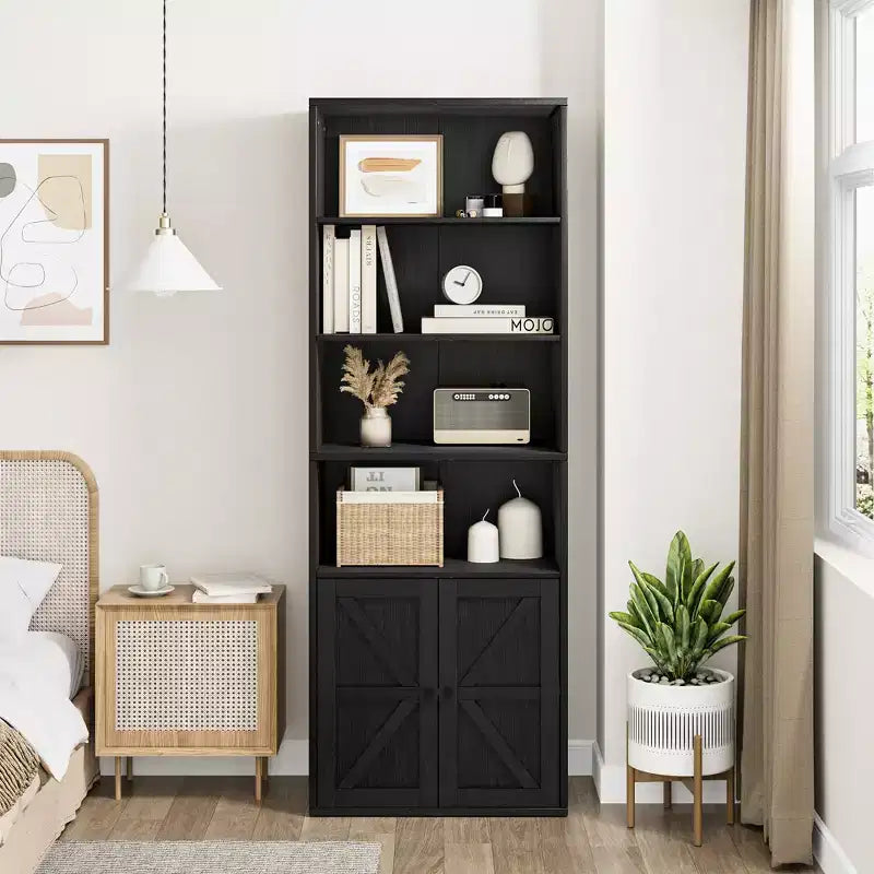 Bibliothèque de 71,4 pouces avec portes et étagères ouvertes, bibliothèque en bois autoportante à 6 niveaux pour salon, chambre, bureau