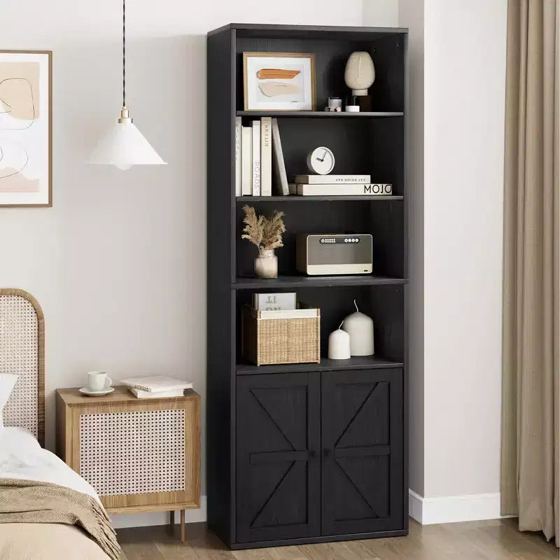 71.4 Inch High Bookcase, Farmhouse Bookcase with Doors and Open Shelves, 6-Tier Freestanding Wooden Bookcase for Living Room, Bedroom, Office