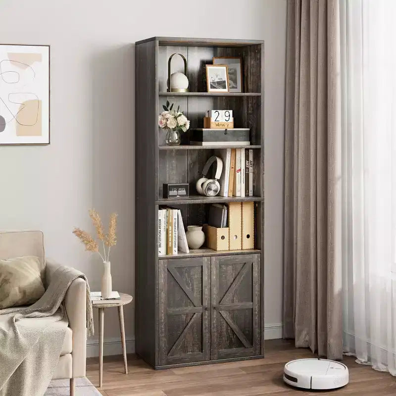 Bibliothèque de 71,4 pouces avec portes et étagères ouvertes, bibliothèque en bois autoportante à 6 niveaux pour salon, chambre, bureau