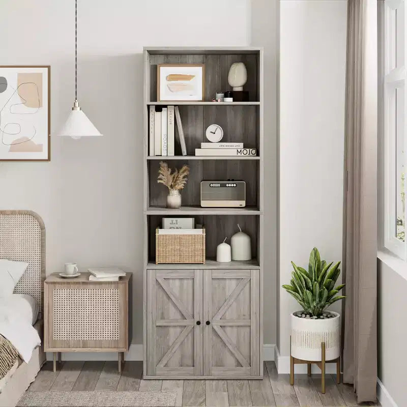 Bibliothèque de 71,4 pouces avec portes et étagères ouvertes, bibliothèque en bois autoportante à 6 niveaux pour salon, chambre, bureau